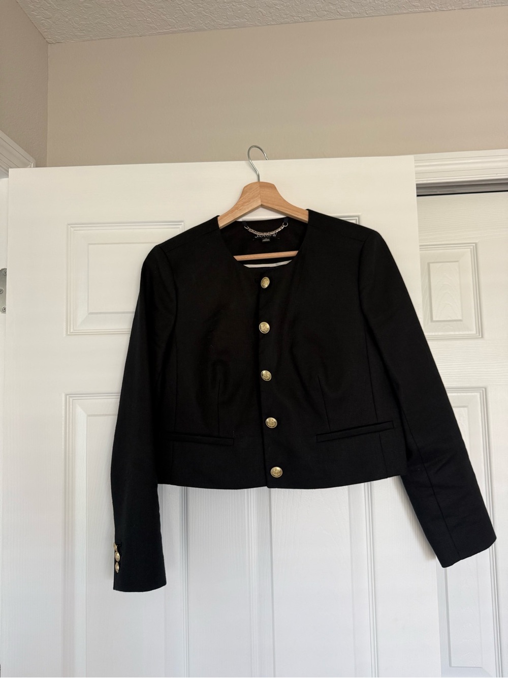J. Crew Black Louisa Lady Jacket in Stretch Linen Blend with Gold Buttons S/ 6